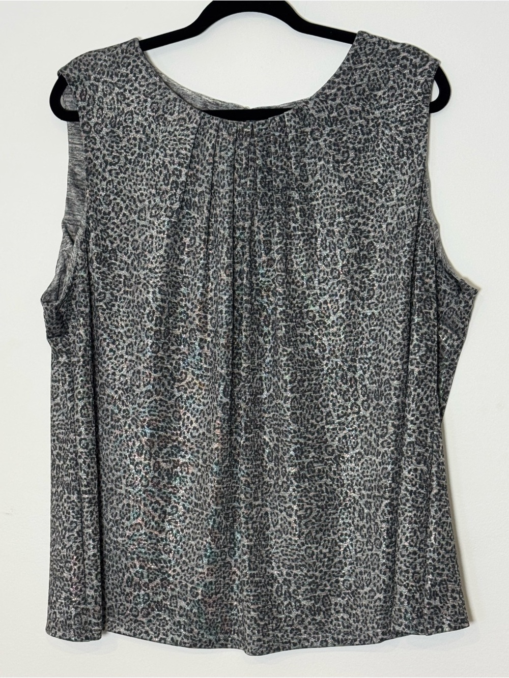 Calvin Klein Pleated Sleeveless Top Gray/Black Leopard Lurex 2X NWT